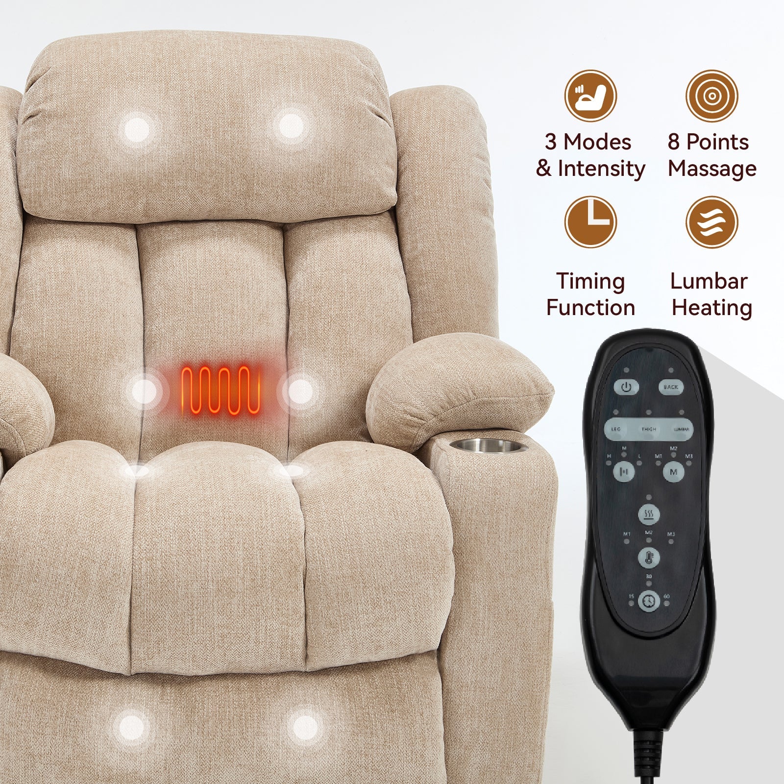 Up to 350 LBS Chenille Power Lift Recliner Chair, Heavy Duty Motion Mechanism with 8-Point Vibration Massage and Lumbar Heating, USB and Type-C Ports, Stainless Steel Cup Holders, Beige