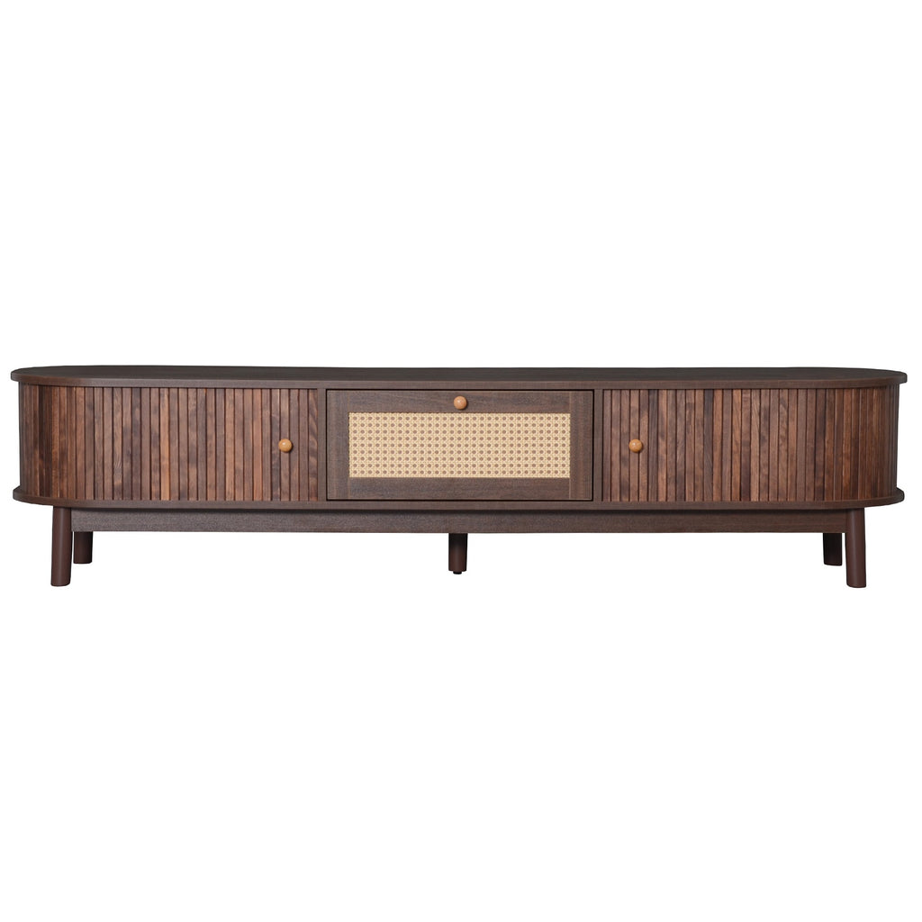Modern Design TV Stand for 75' TVs, Media Console TV Cabinet with Rattan-Front Drawer for Living Room, 1 Drawer and 2 Sliding-Door Cabinets