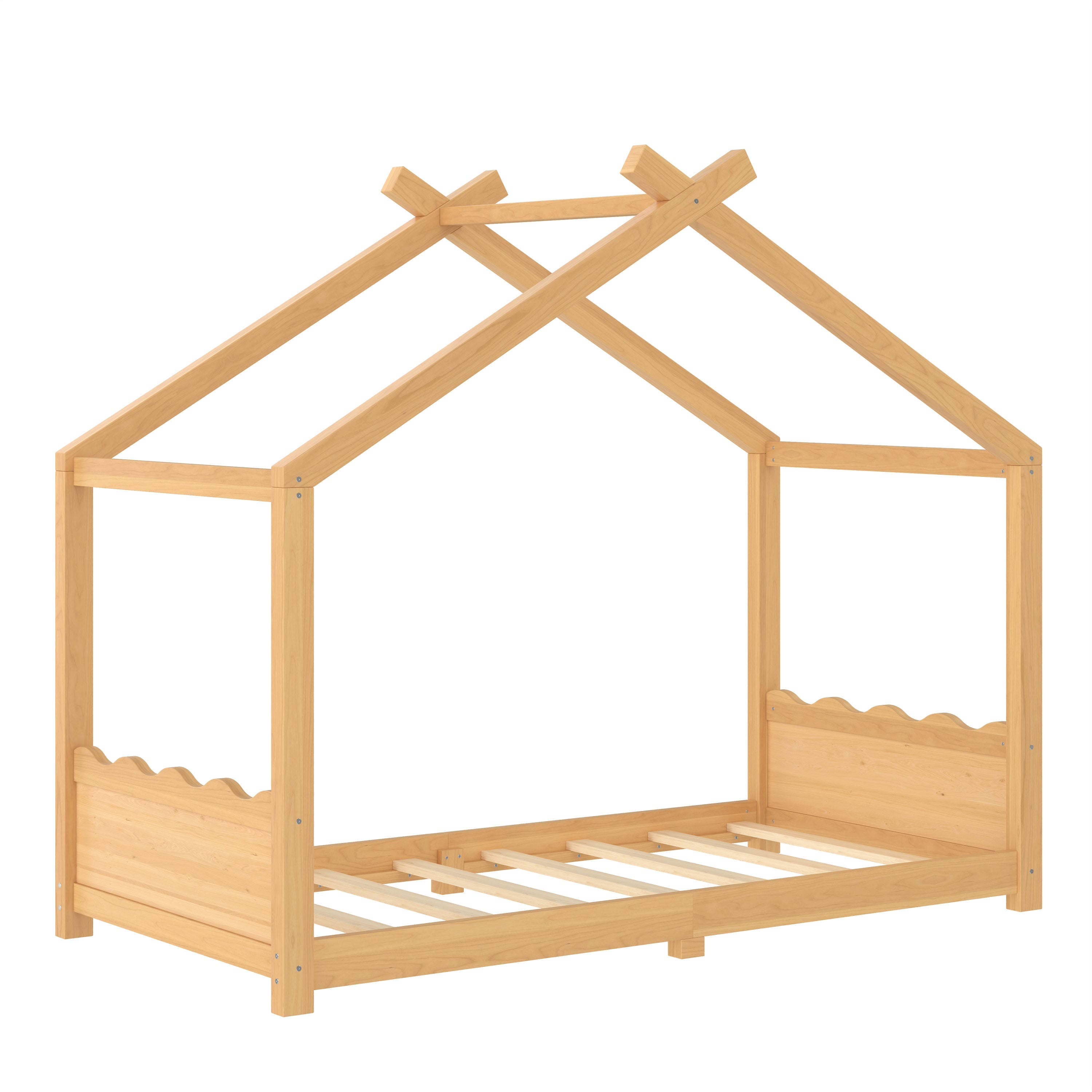 Twin House Floor Bed with Support Slats, Solid Wood House Bed Frame for Kids, No Box Spring Needed and Opening Constructure, Natural