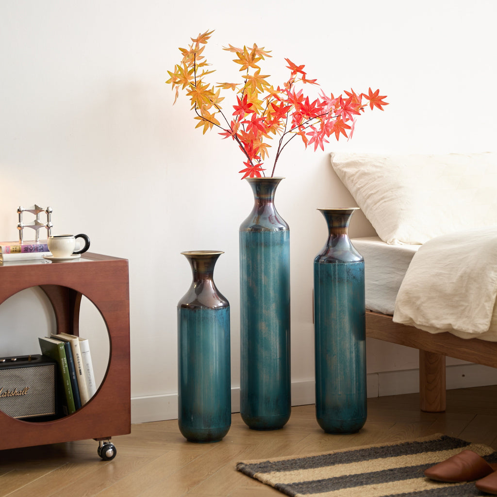 Modern Droplet-Shaped Floor Vase Set – Aqua Blue Glazed Metal Decorative Vases – 3-Piece Home Decor in 20.4 In, 24.4 In & 28.34 In Heights