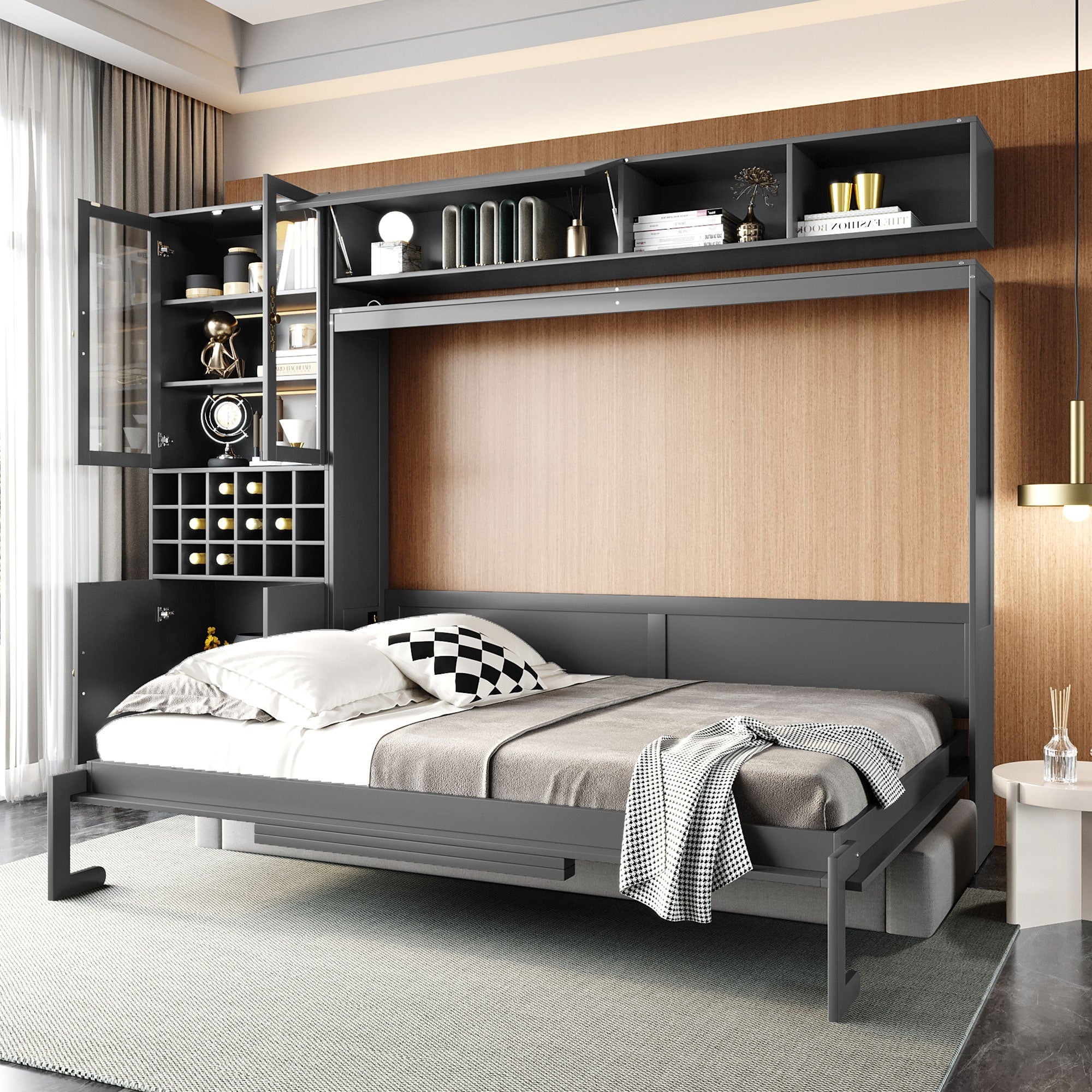 Queen Size Murphy Bed Wall Bed with Sofa , Shelves USB & Light ,Gray