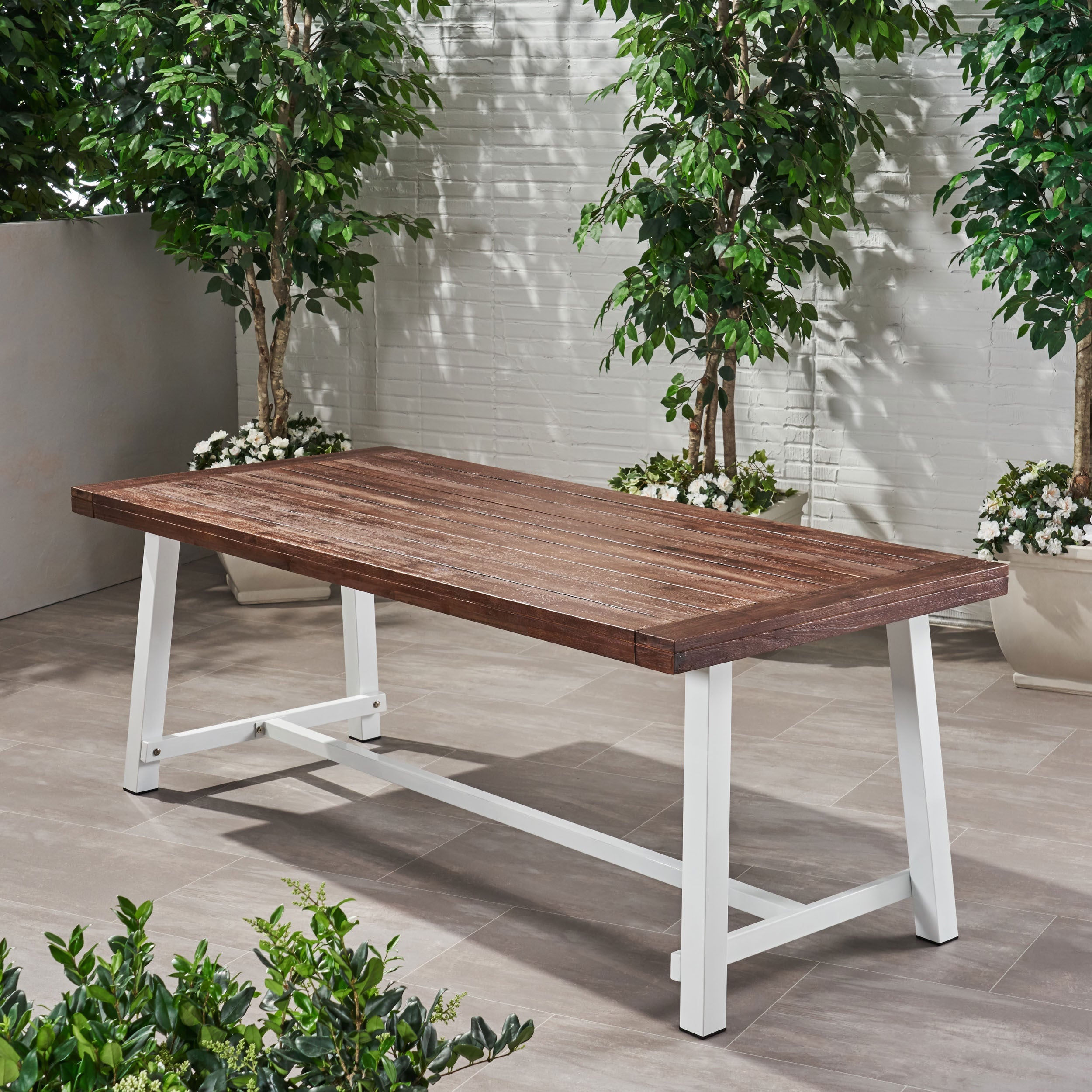 Equilibrium Outdoor Dining Table with Slat Top, Dark Brown