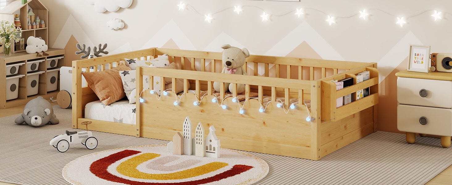 Twin Montessori Floor Bed Frame with High Rails, Wood Kids Floor Beds with Light and Storage Shelf, Natural (Expect Arrival Date 2025/8/15)