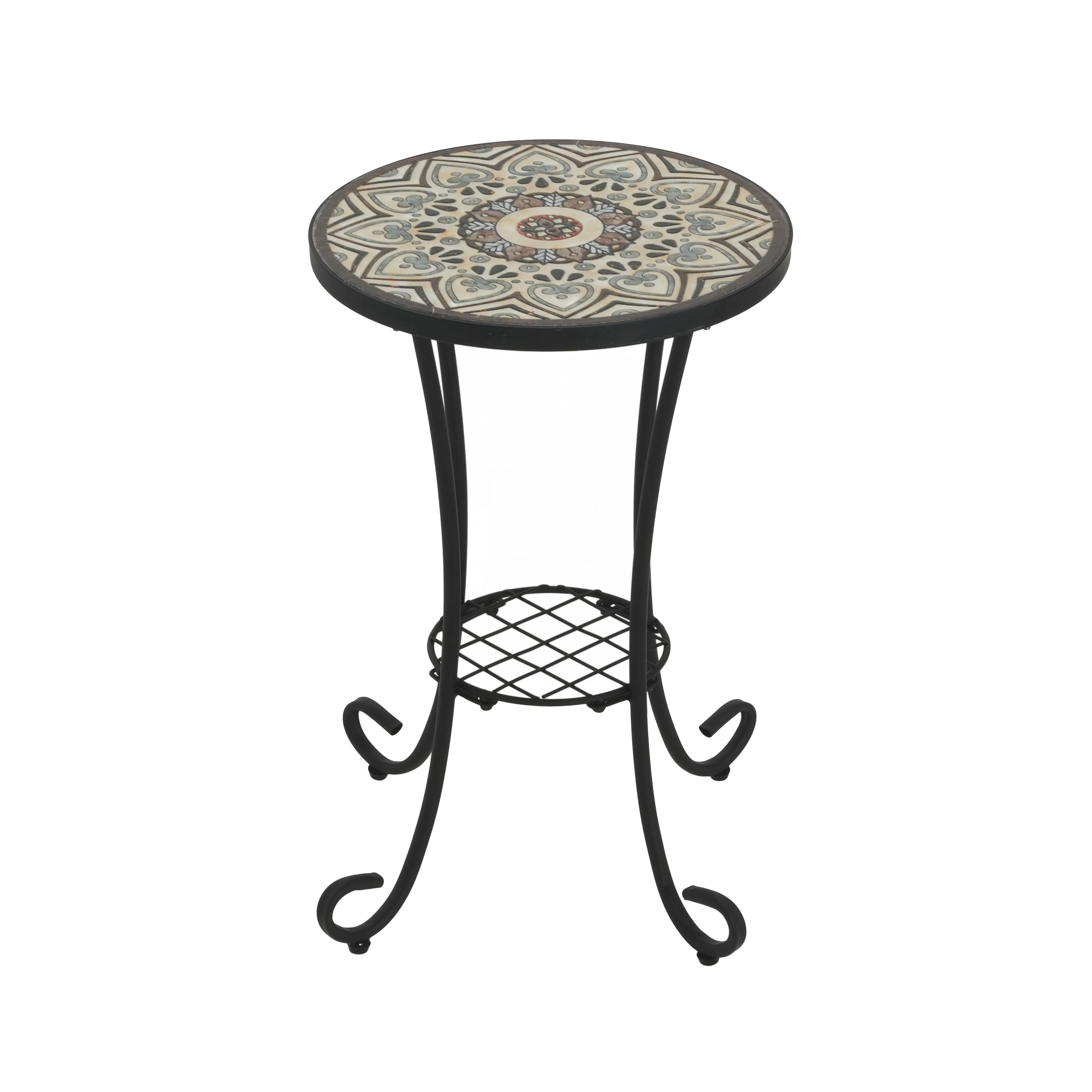 Ceramic Tile and Iron Patio Side Table with Shelf, Brown and Black, 14-inch Diameter
