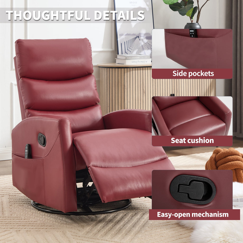 Heat Massage Manual Recliner Chair with Rocker and Swivel in Fabric for Living Room, Red