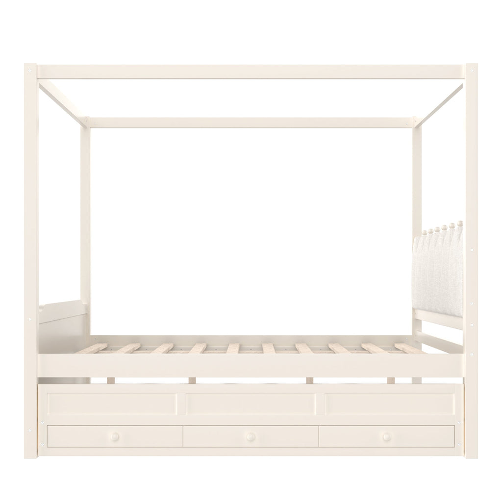Full Platform Bed with Upholstered Headboard,Twin Size Trundle and 3 Drawers,Princess Canopy Bed Frame for Kids,Storage & Easy Assembly,Beige.