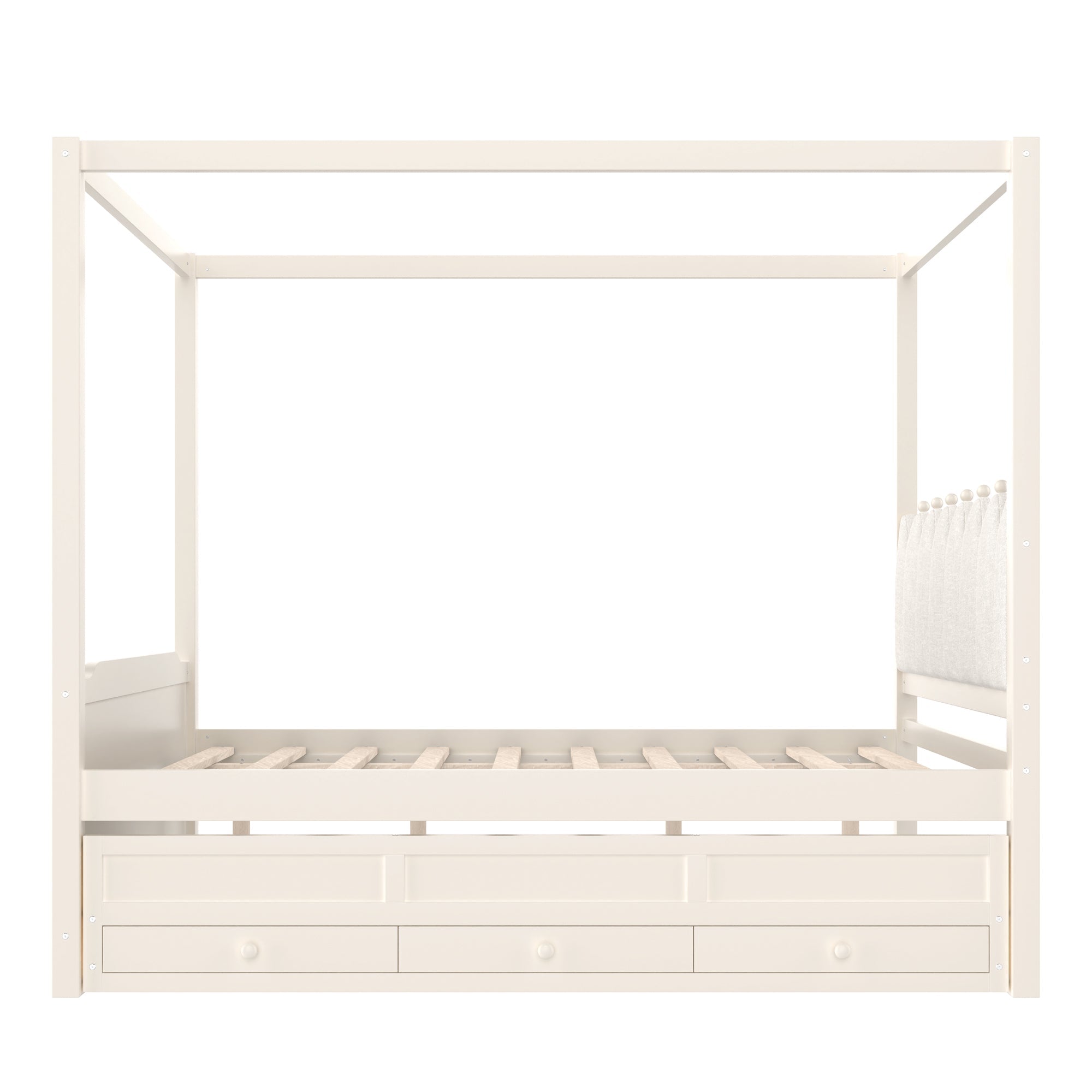 Full Platform Bed with Upholstered Headboard,Twin Size Trundle and 3 Drawers,Princess Canopy Bed Frame for Kids,Storage & Easy Assembly,Beige.