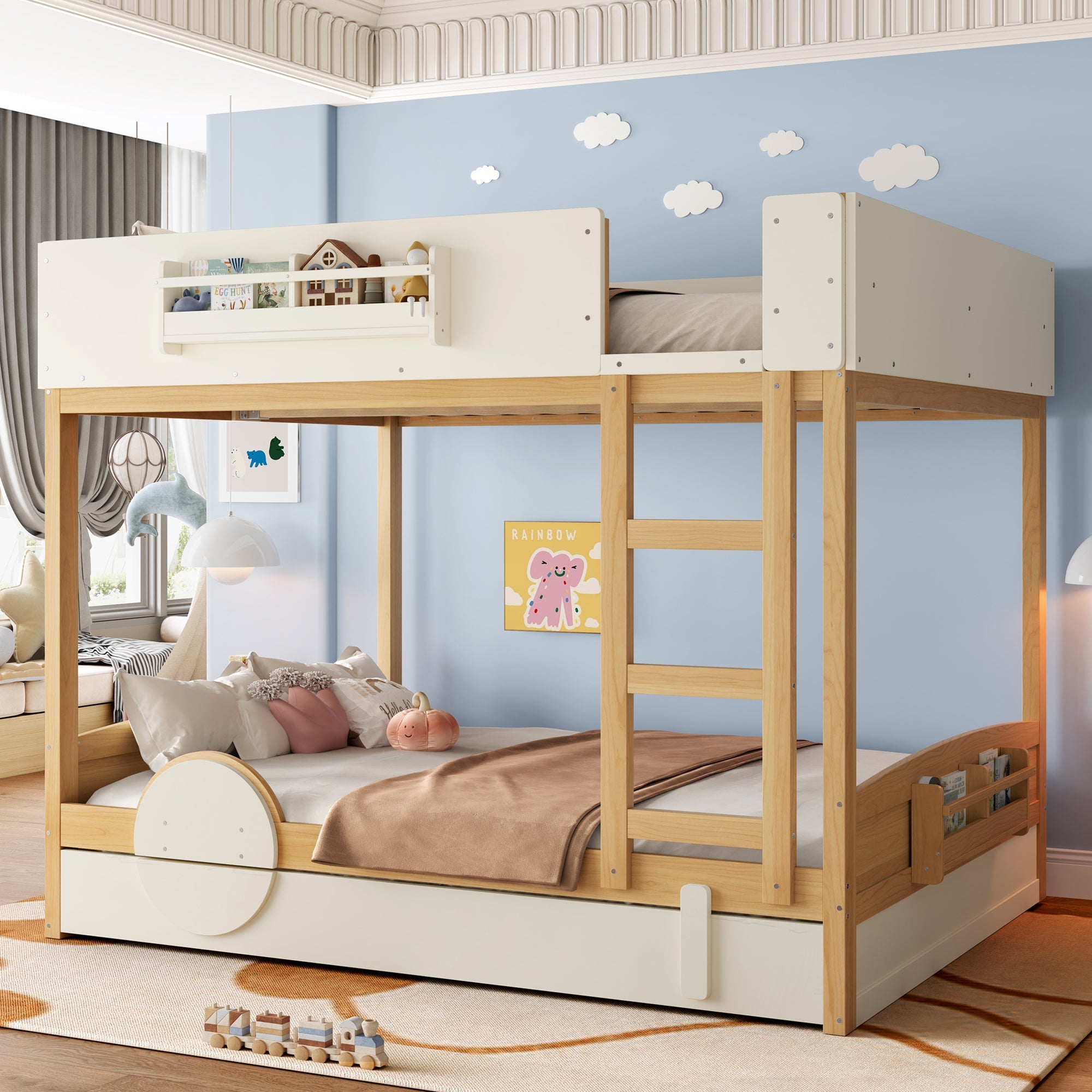 Queen Bunk Bed with Trundle , Wood Bunk Bed Frame with Built-in Bookshelf and High-quality Safety Guardrail,Automobile Form Design for Kids,Natural＆Beige