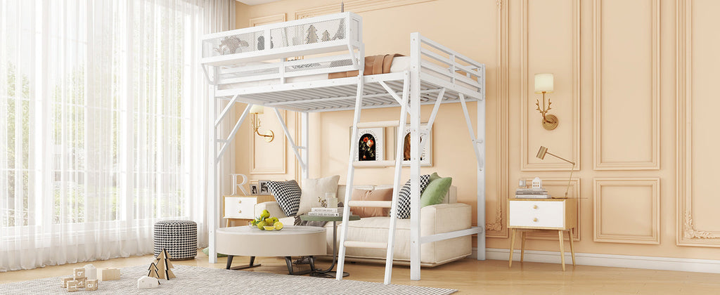 Queen Size Loft Bed with Ladder, Metal Queen Loft Bed with Storage Shelves, High Loft Bed for Kids Teens, White(Expect Arrival Date 2025/12/3  Old SKU W2580P351278)