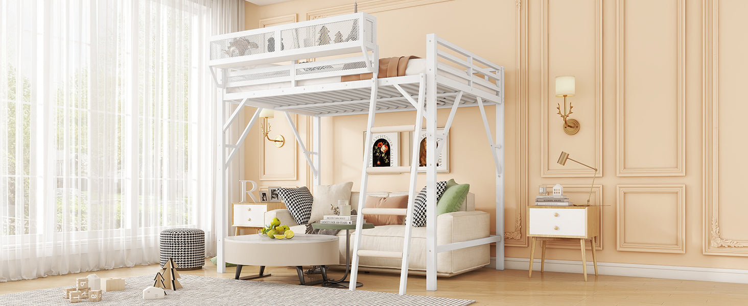 Queen Size Loft Bed with Ladder, Metal Queen Loft Bed with Storage Shelves, High Loft Bed for Kids Teens, White(Expect Arrival Date 2025/12/3  Old SKU W2580P351278)