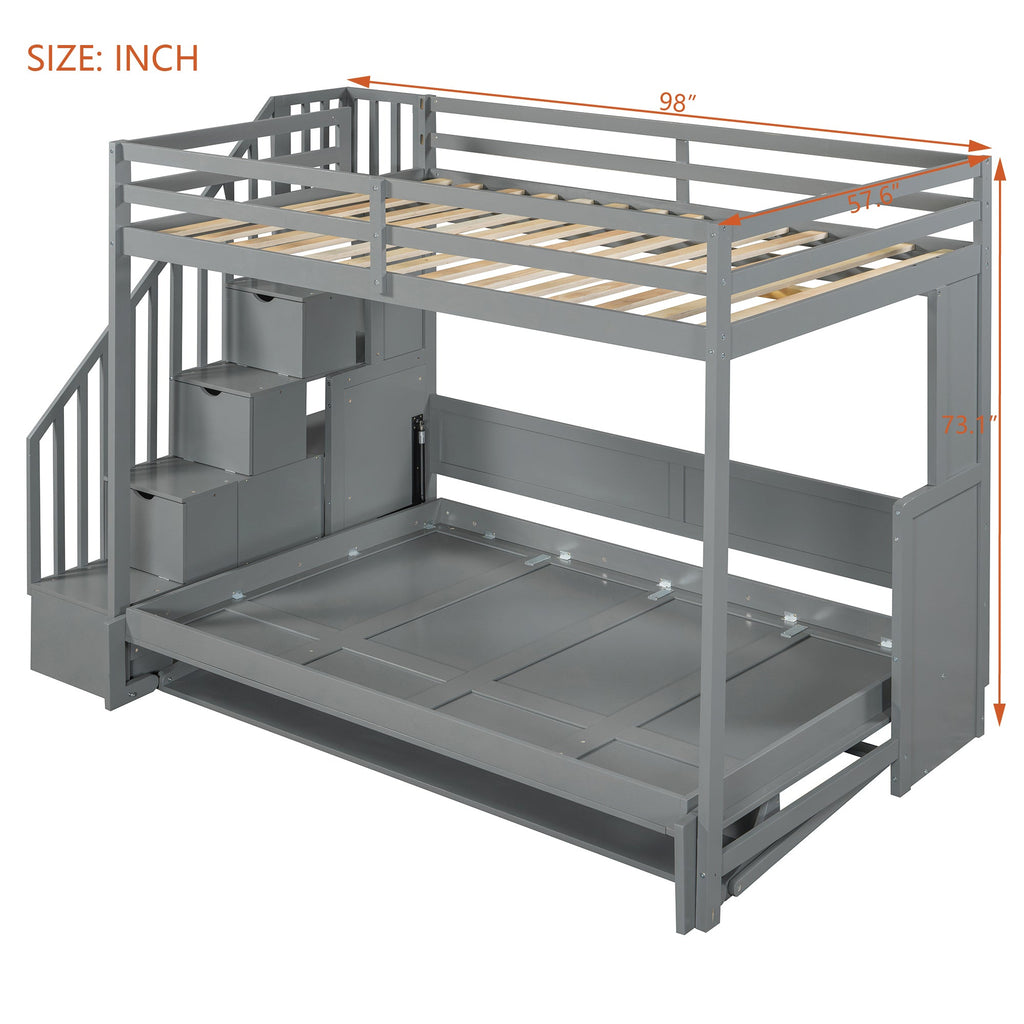 Full Over Full Size Murphy Bed with Hydraulic Lift & Desk Design, Gray