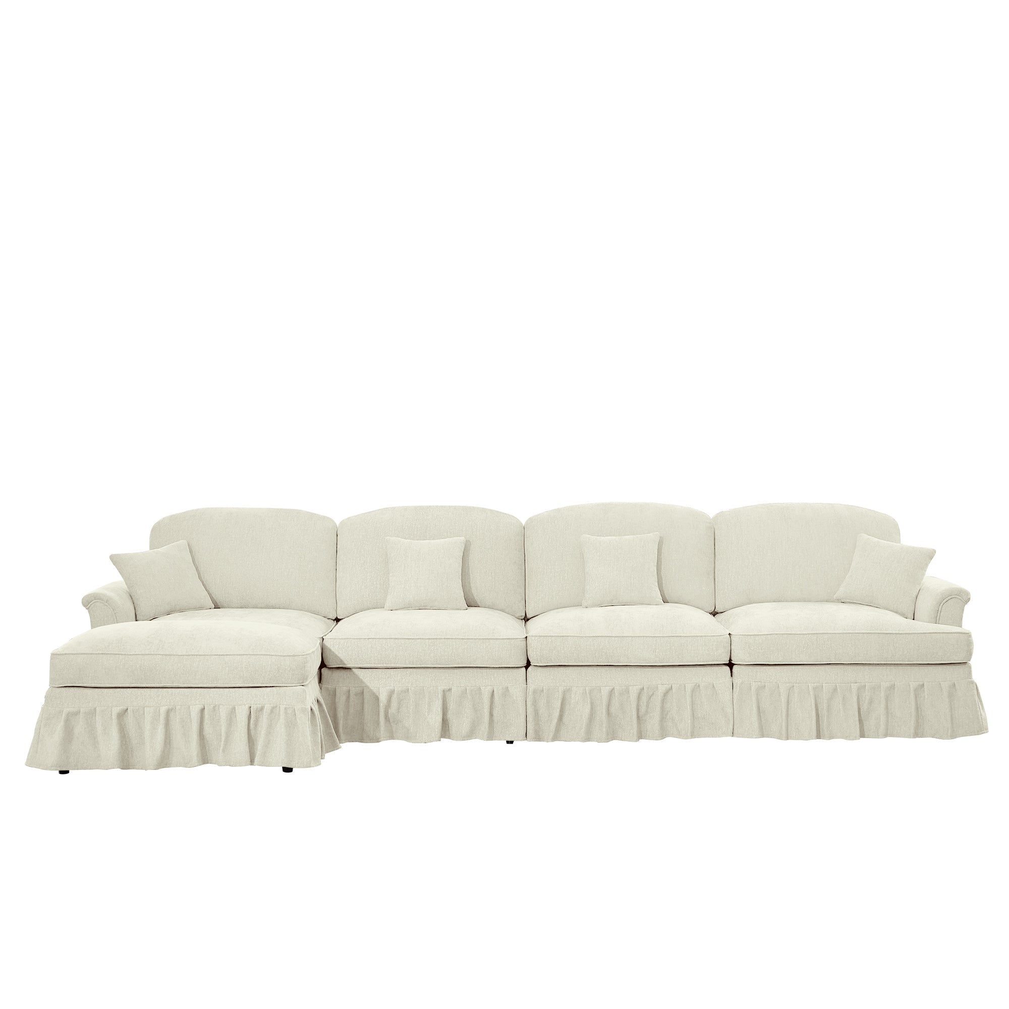 Classic Three Seater Modular L Shaped Sectional Couch with Flared Arms and Removable Ruffles Pleats Skirts and Spindle Legs, Comfy Chenille Four-Seat Deep Seat Sofa with Movable Ottoman, Beige White