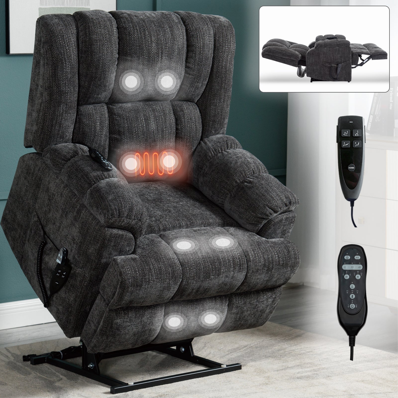 Dual Motor Heat Massage Infinite Position Up to 350 LBS Electric Power Lift Recliners with Power-Remote, Medium-firm and Heavy Duty, Grey