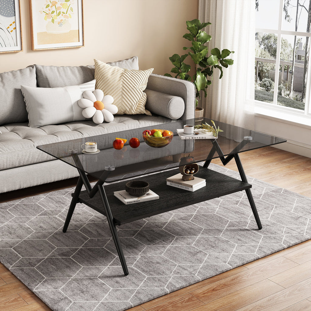 Rectangle Coffee Table with Tempered Glass top and Black MDF Shelf, Modern Table for Living Room, Gray Glass