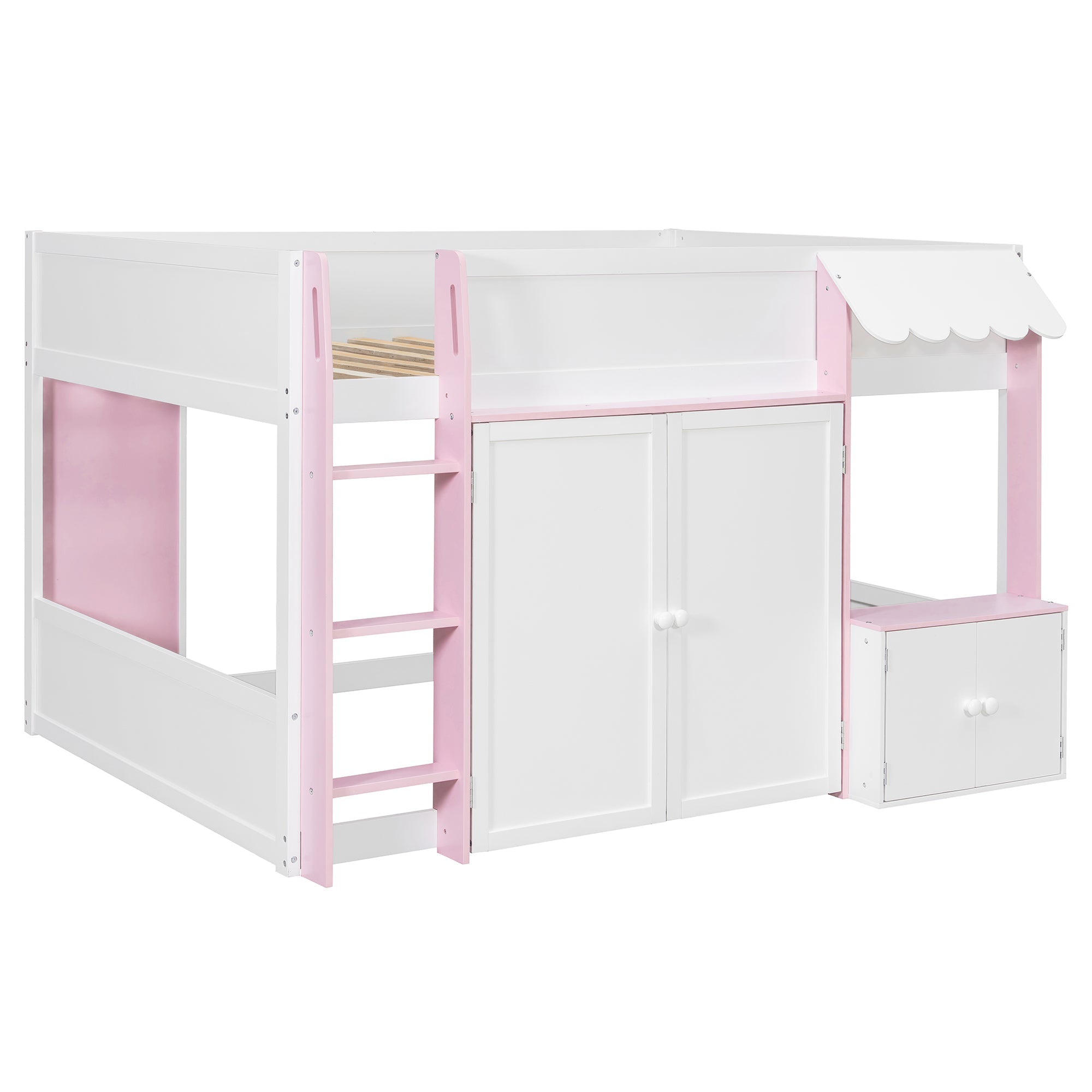 Full Loft House Bed with Playhouse & Storage, Modern Wood Cabin Bed for Kids/Teens, White+Pink