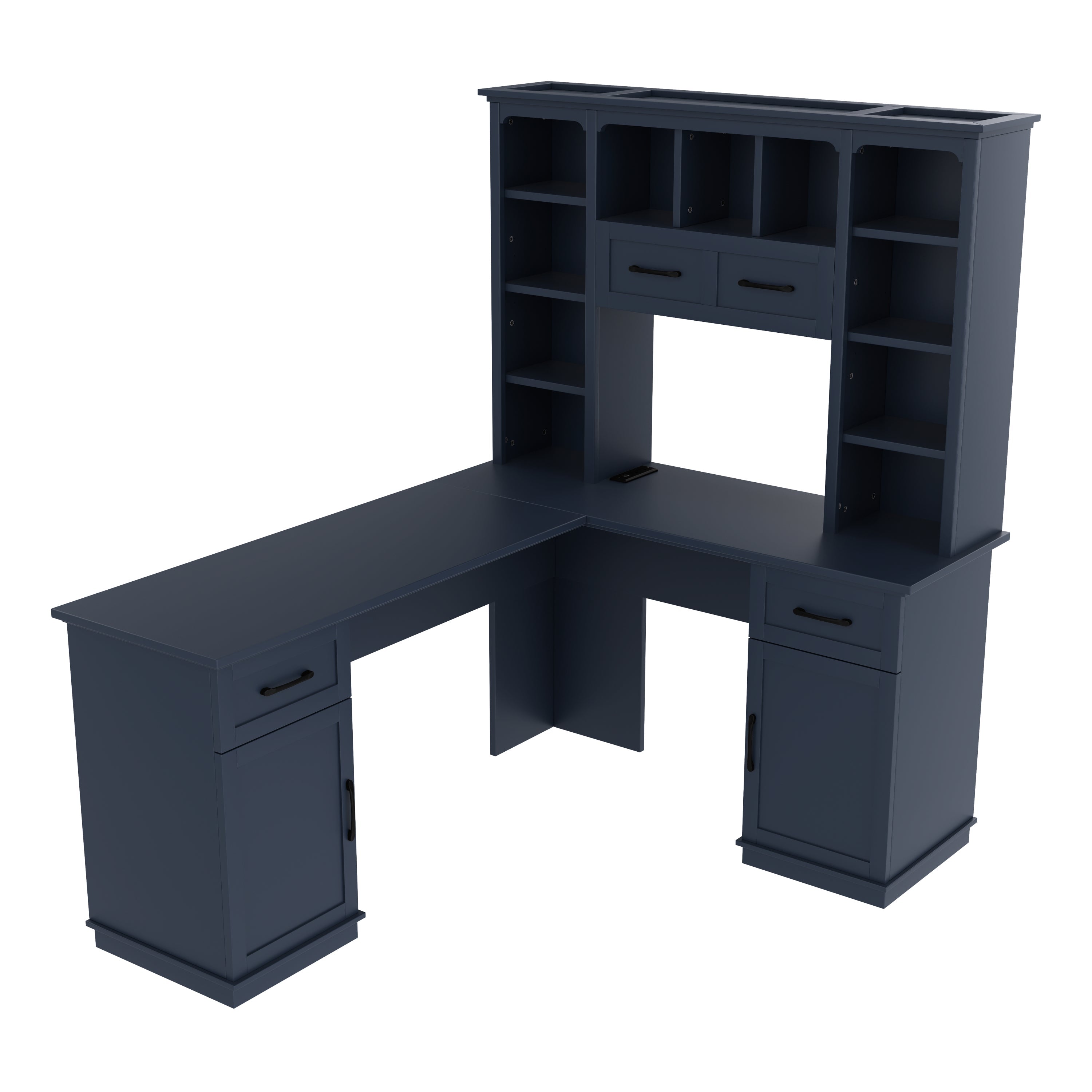 L-Shaped Computer Desk with 2 Cabinets and 2 Drawers, 11 Open Shelves, with Power Outlet, for Study, Living Room and Office, Antique Blue