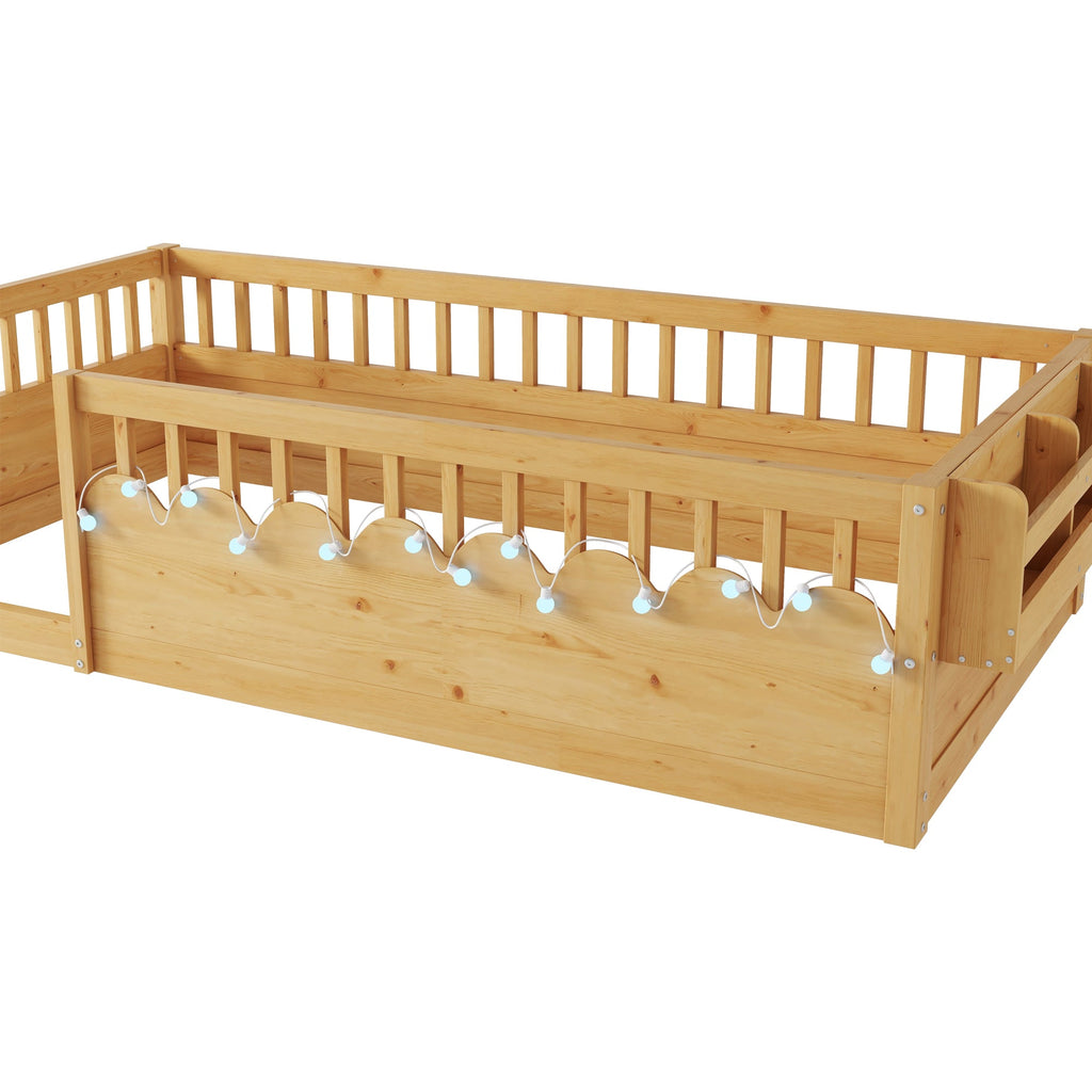 Twin Montessori Floor Bed Frame with High Rails, Wood Kids Floor Beds with Light and Storage Shelf, Natural (Expect Arrival Date 2025/8/15)