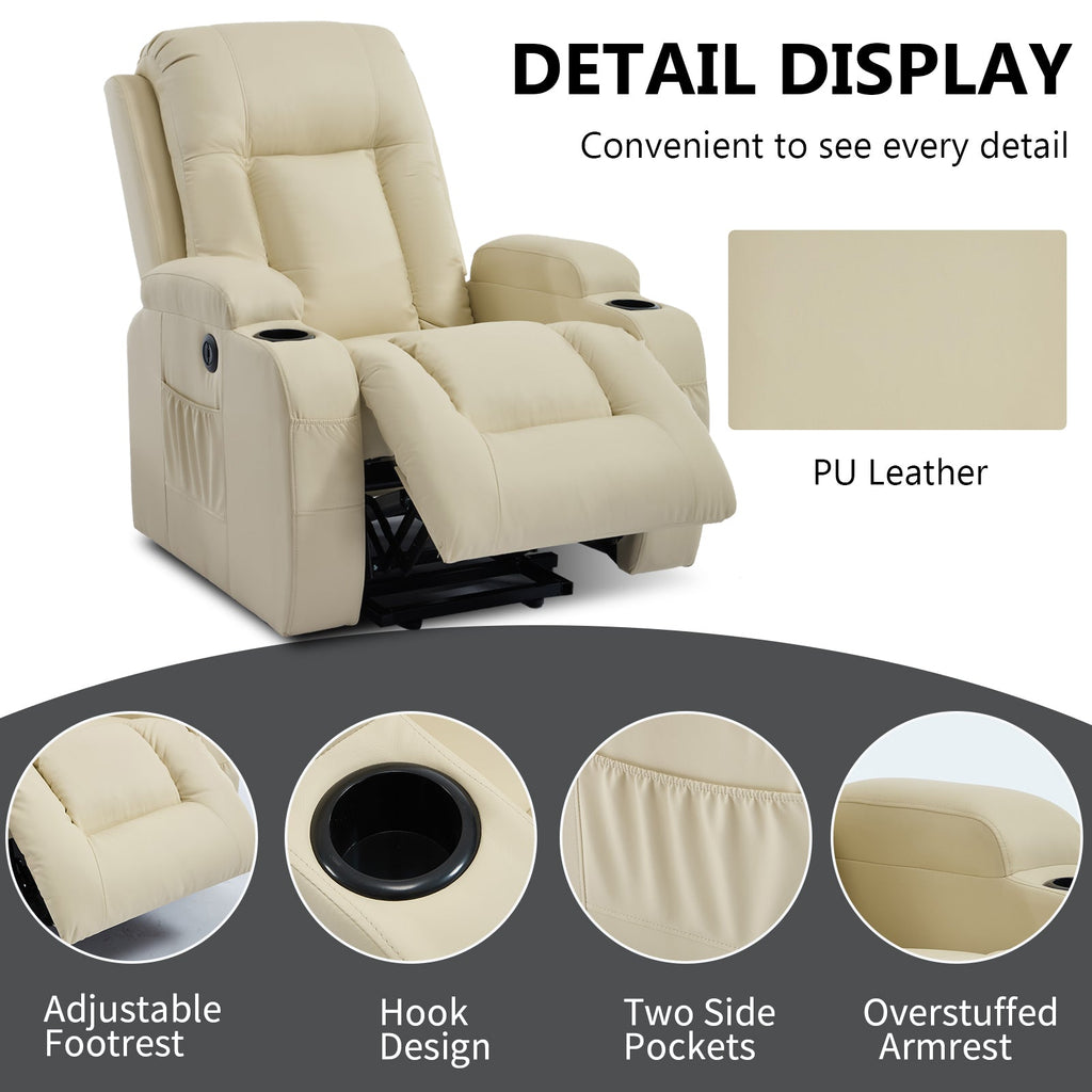 Beige PU Infinite Position Up to 350 LBS Power Lift Recliner Chair for Elderly, Heavy Duty Motion Mechanism with 8-Point Vibration Massage and Lumbar Heating, USB Charging Port, Cup Holders