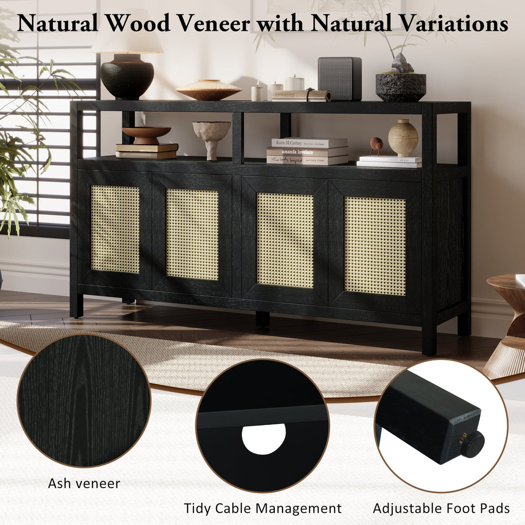 TREXM Bohemian Style Rattan Buffet Storage Cabinet with Solid Wood Frame, Sideboard with 3-position Adjustable Shelves for Living & Dining Rooms, No-Handle Push-to-Open Design (Black)