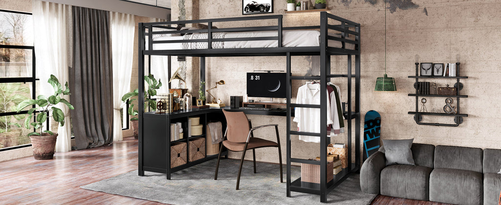 Metal Loft Bed with Wardrobe and L-shaped Desk, Twin XL Size Loft Bed with Storage Cubes and Shelves, Loft Bed for Kids Teens Adults, Black
