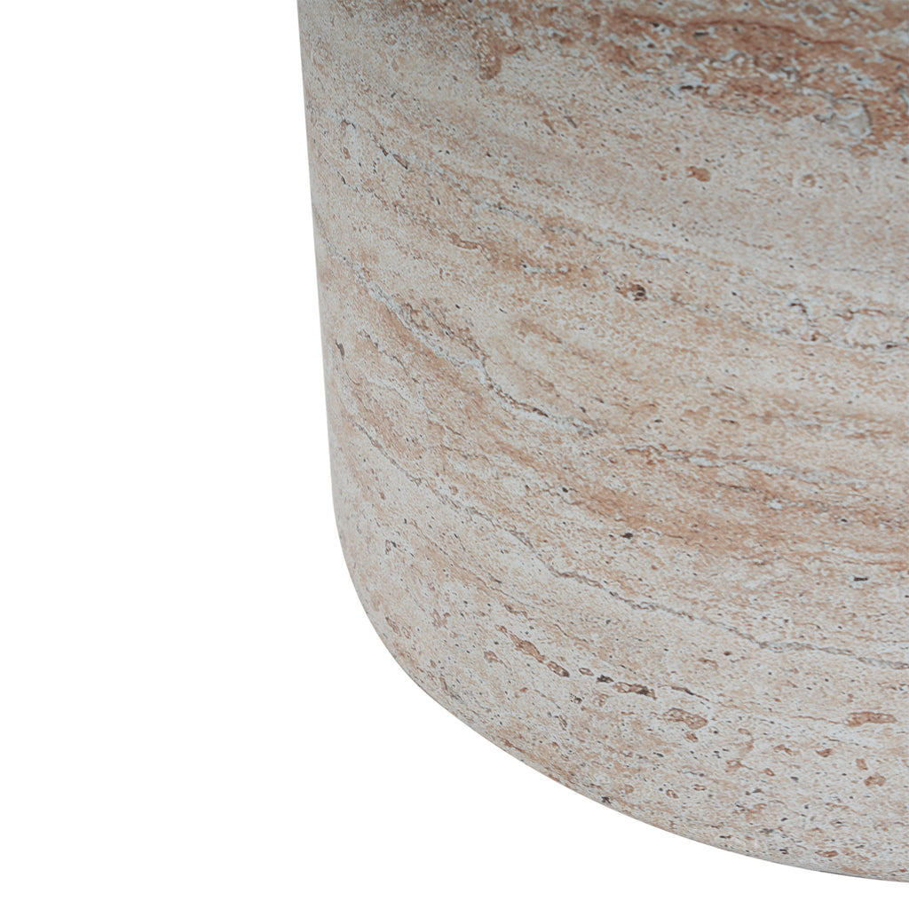 Modern Concrete Side Table with Travertine Finish, Indoor/Outdoor Use, Beige, 15.5 x 15.5 x 18.5 inches