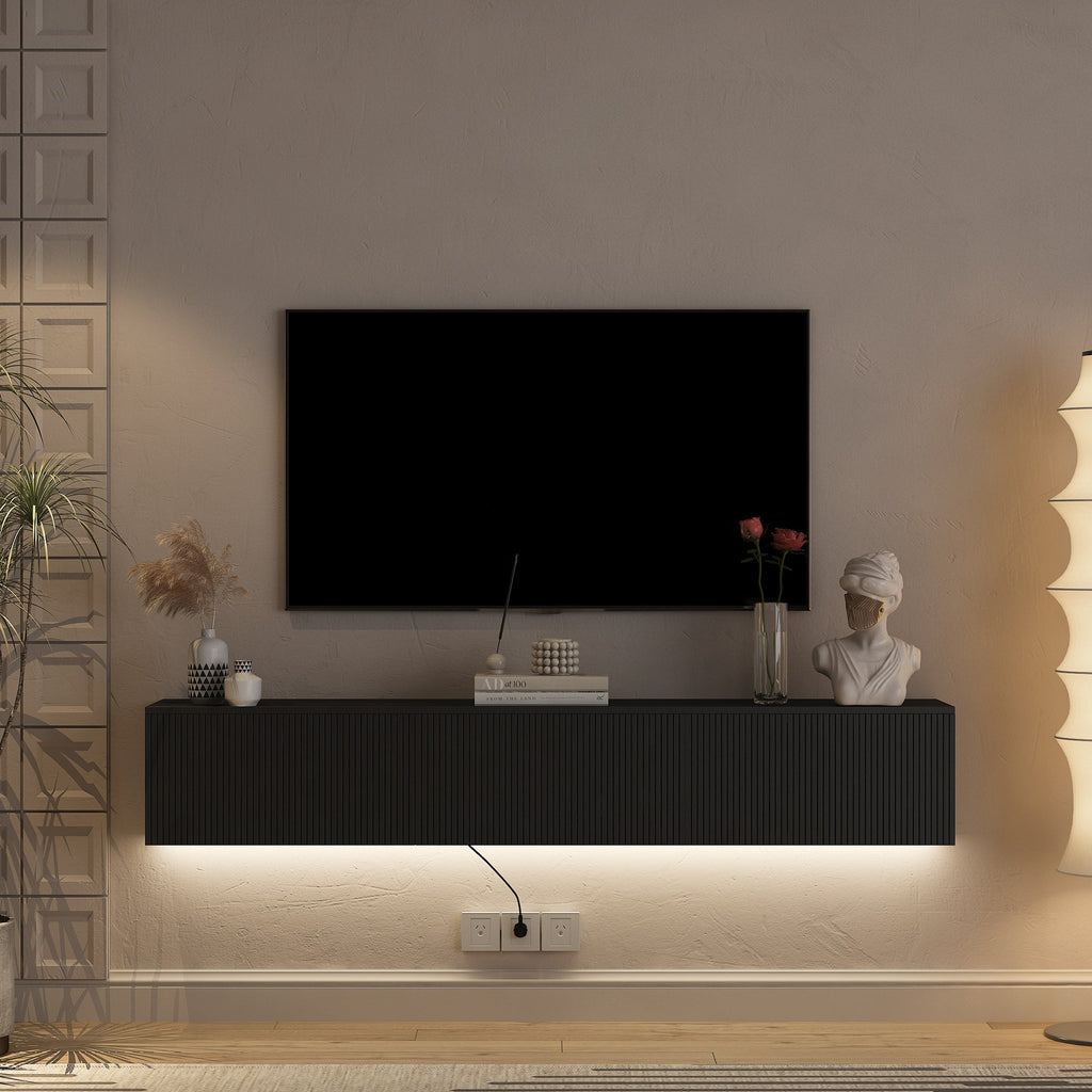 Floating TV Stand Wall Mounted with 16 Color LEDs,69' Modern TV Stand, Floating TV Cabinet Entertainment Center for 55 60 65 Inch TV,Black
