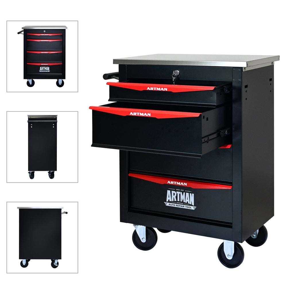 4-Drawer Multifunctional Tool Cart with Wheels, Metal Rolling Tool Cart Storage for Garage Workshop Warehouse Repair Shop - with Stainless Steel Roof - Black & Red