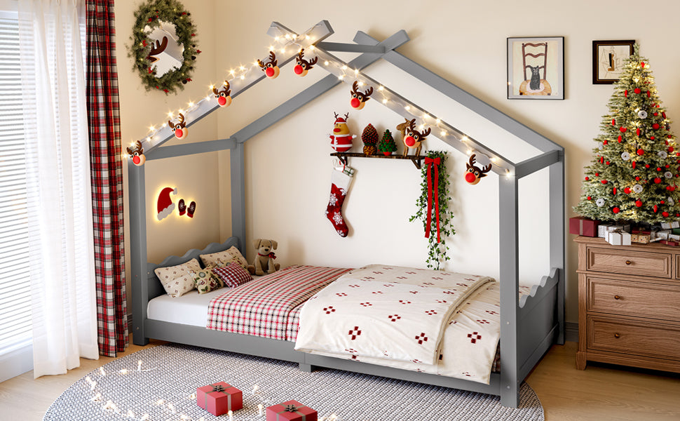Twin House Floor Bed with Support Slats, Solid Wood House Bed Frame for Kids, No Box Spring Needed and Opening Constructure, Gray