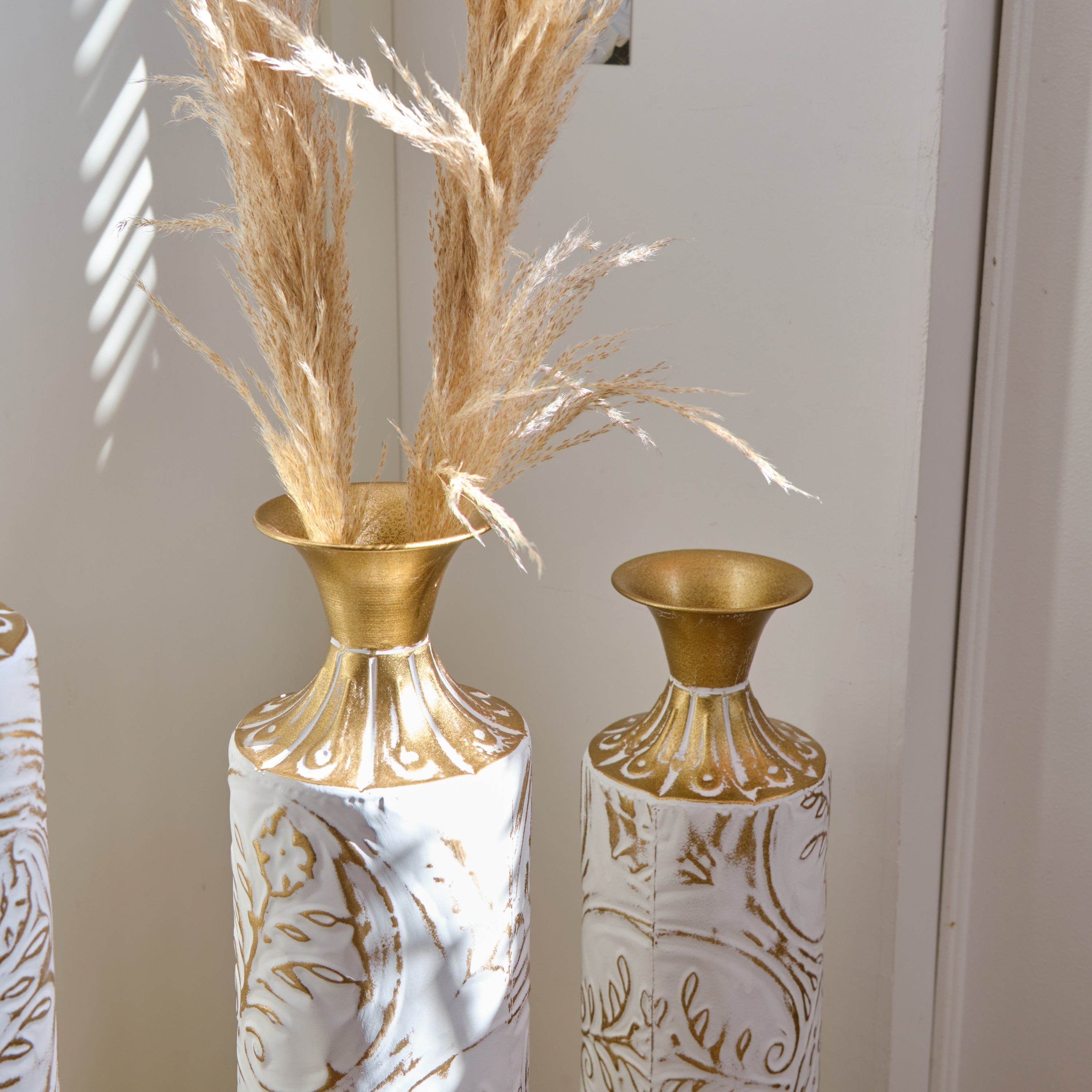 Floor Metal Vases Decorated White Metal Vases Set of 3 Gorgeous Home Decoration Large Glazed Metal Vases 24in/28.7in/33.5in Height