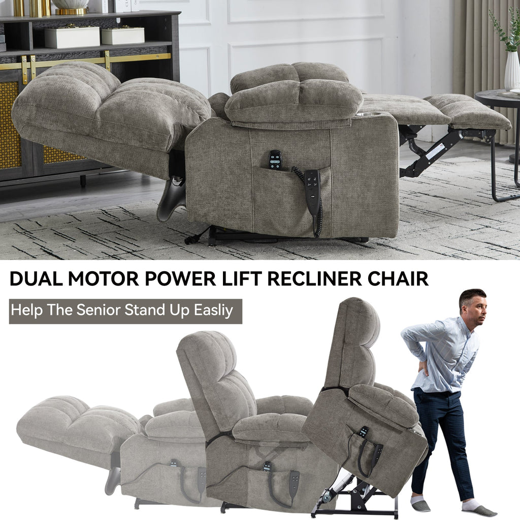 Brown Dual Motor Infinite Position Up to 350 LBS Chenille Power Lift Recliner Chair, Heavy Duty Motion Mechanism with 8-Point Vibration Massage and Lumbar Heating, Dual Cup Holders