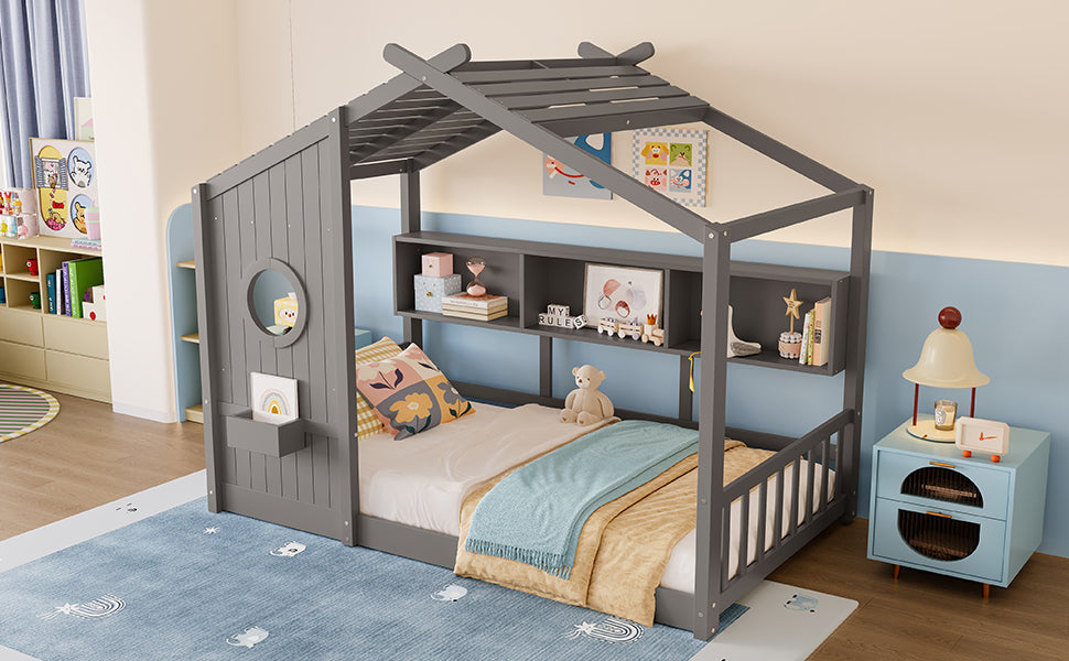 Twin Size Floor House Bed for Toddler, Kids Montessori Bed  with Storage Shelf, Playhouse Bed with Roof Design, Gray