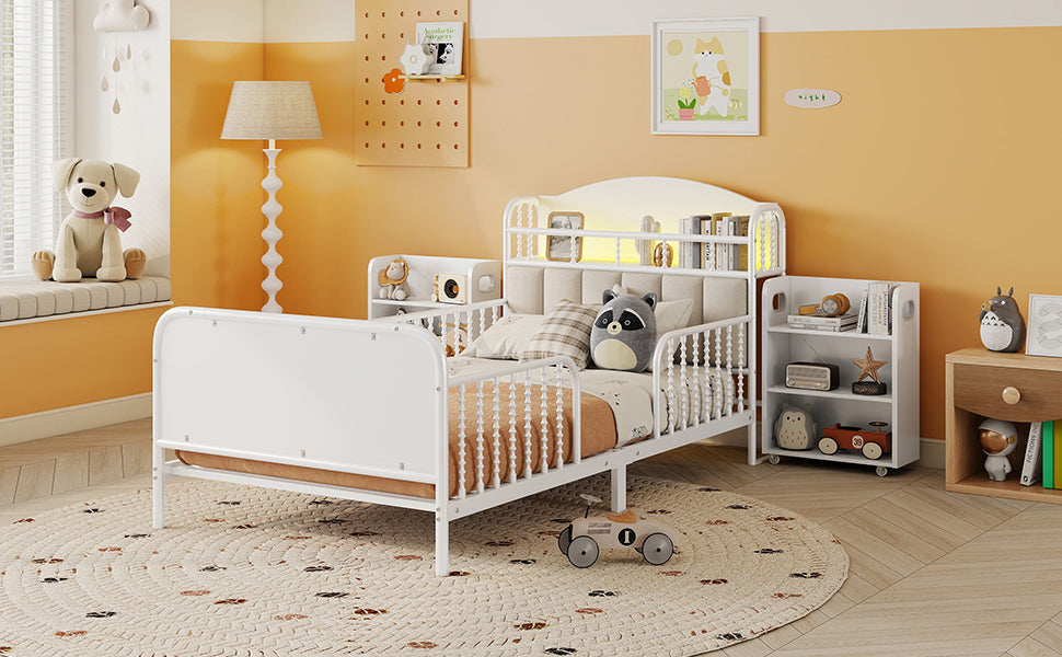Twin Size Metal Platform Bed Frame with Light, Kids Twin Metal Bed with Upholstered and Pull Out Storage Shelves, White (Expect Arrival Date 2025/10/5)