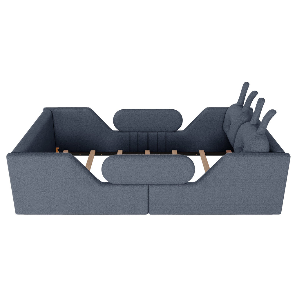 Twin Size Upholstered Platform Bed with Rabbit Cushion, Kids Floor Upholstered Bed with Removable Side Rails, Gray(Expect Arrival Date 2025/1/15)