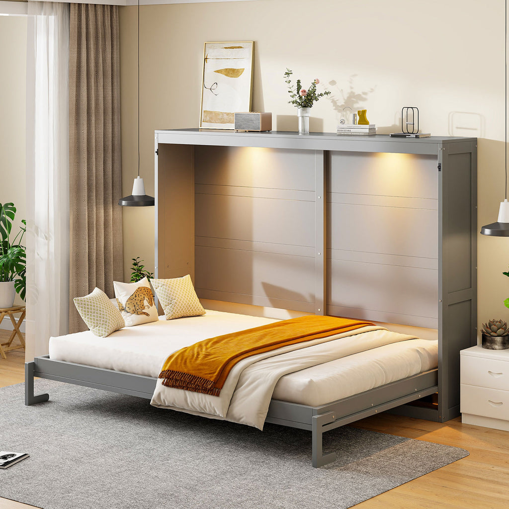 Queen Size Murphy Bed Wall Bed Modern design with LED Lights,Gray(OLD SKU:LP100973AAE)
