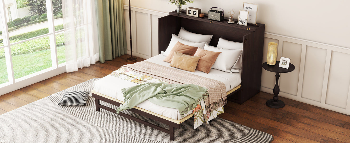 Queen Size Murphy Bed, Pine Wood Cabinet Bed with Rattan Decoration and Storage Drawer,Espresso
