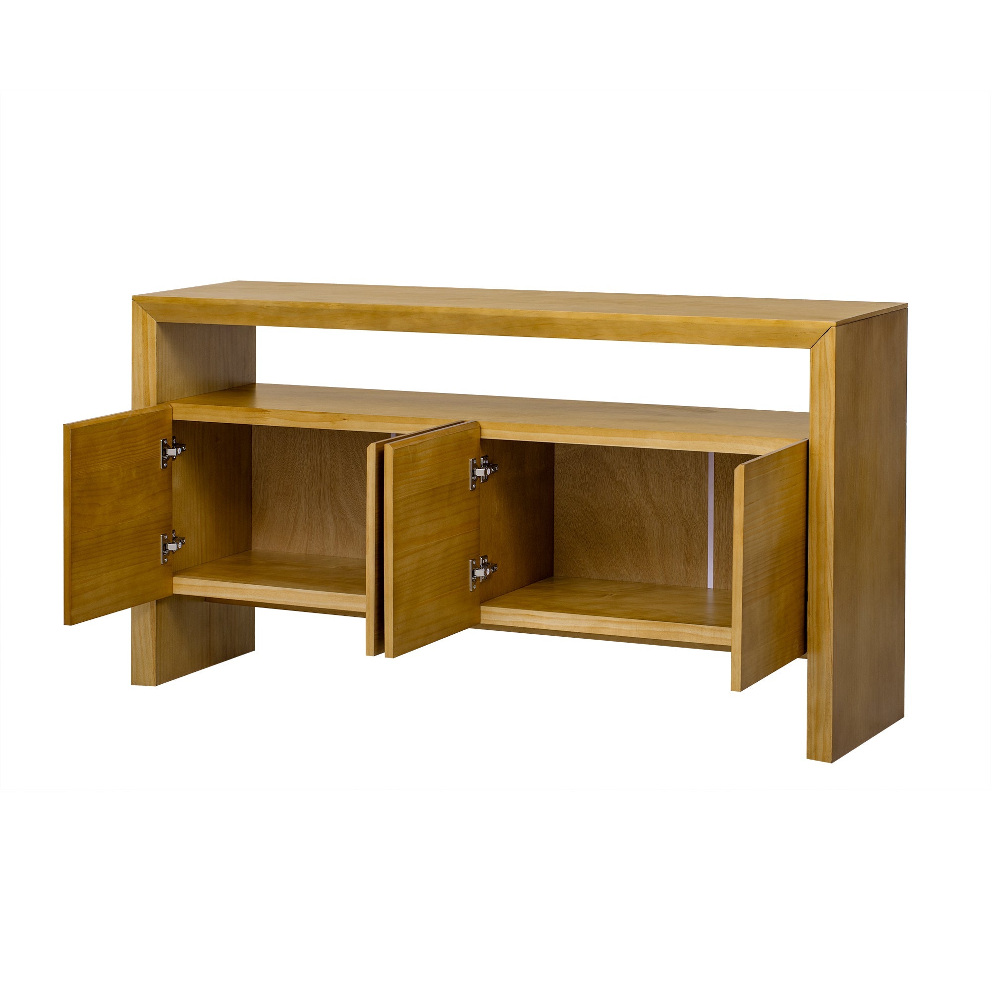 U_Style 60' 4-Door Sideboard, Modern Minimalist Solid Wood Veneer Sideboard with Open Shelf, Natural Wood Grain, Large Capacity Storage Console for Living Room, Hallway, Dining (Black/Natural)
