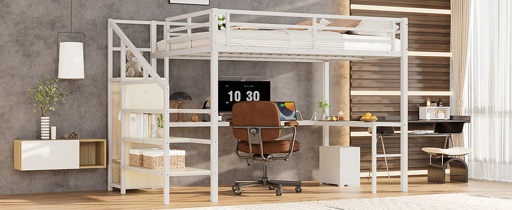 Queen Size Loft Bed with L-shaped Desk and USB, Metal Loft Bed with Wardrobe and Adjustable Shelf, High Loft Bed with LED for Kids Teens Adults, White Wood-grain