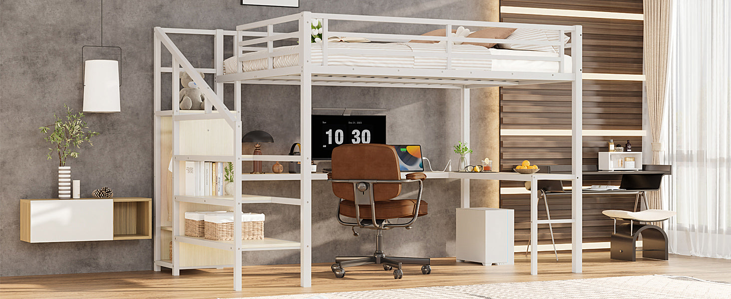Queen Size Loft Bed with L-shaped Desk and USB, Metal Loft Bed with Wardrobe and Adjustable Shelf, High Loft Bed with LED for Kids Teens Adults, White Wood-grain