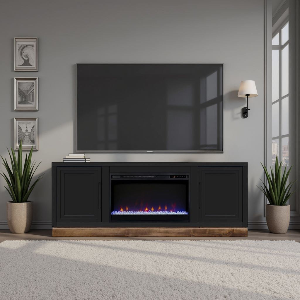 Nora 64 inch Fireplace TV Stand, for TVs up to 85 inches, Black and Whiskey Finish