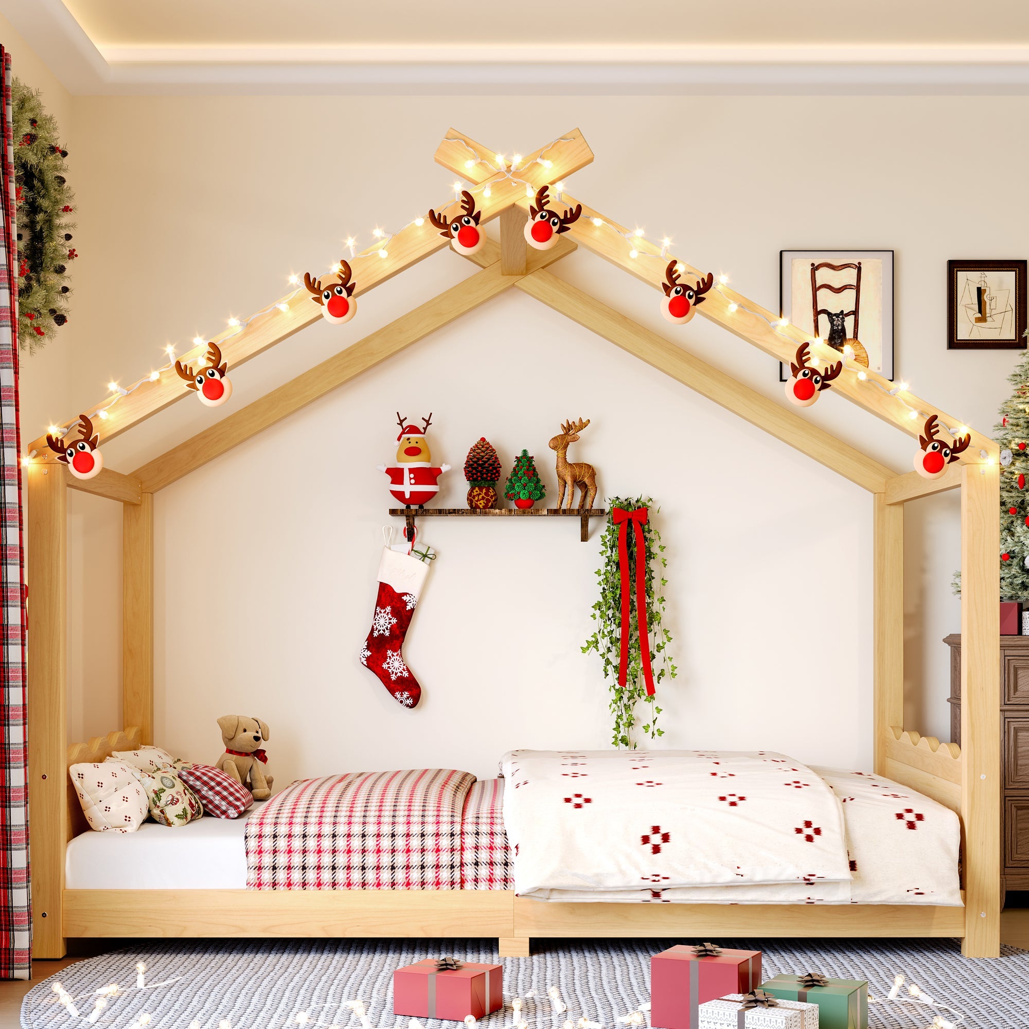 Twin House Floor Bed with Support Slats, Solid Wood House Bed Frame for Kids, No Box Spring Needed and Opening Constructure, Natural