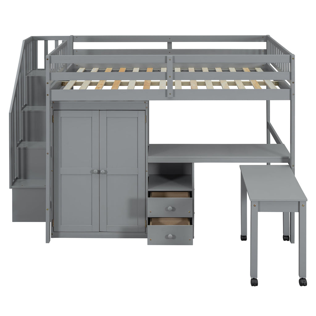 Full Size Loft Bed with Stairs, Bookshelf, Drawers, Desk & Wardrobe – Space-Saving Multifunctional Furniture for Kids & Teens-Gray