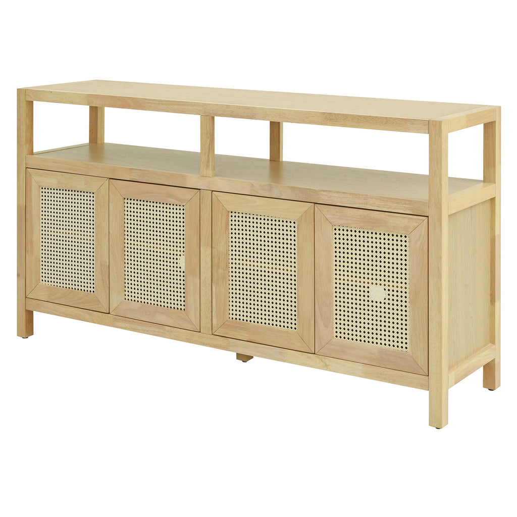 TREXM Bohemian Style Rattan Buffet Storage Cabinet with Solid Wood Frame, Sideboard with 3-position Adjustable Shelves for Living & Dining Rooms, No-Handle Push-to-Open Design (Natural)