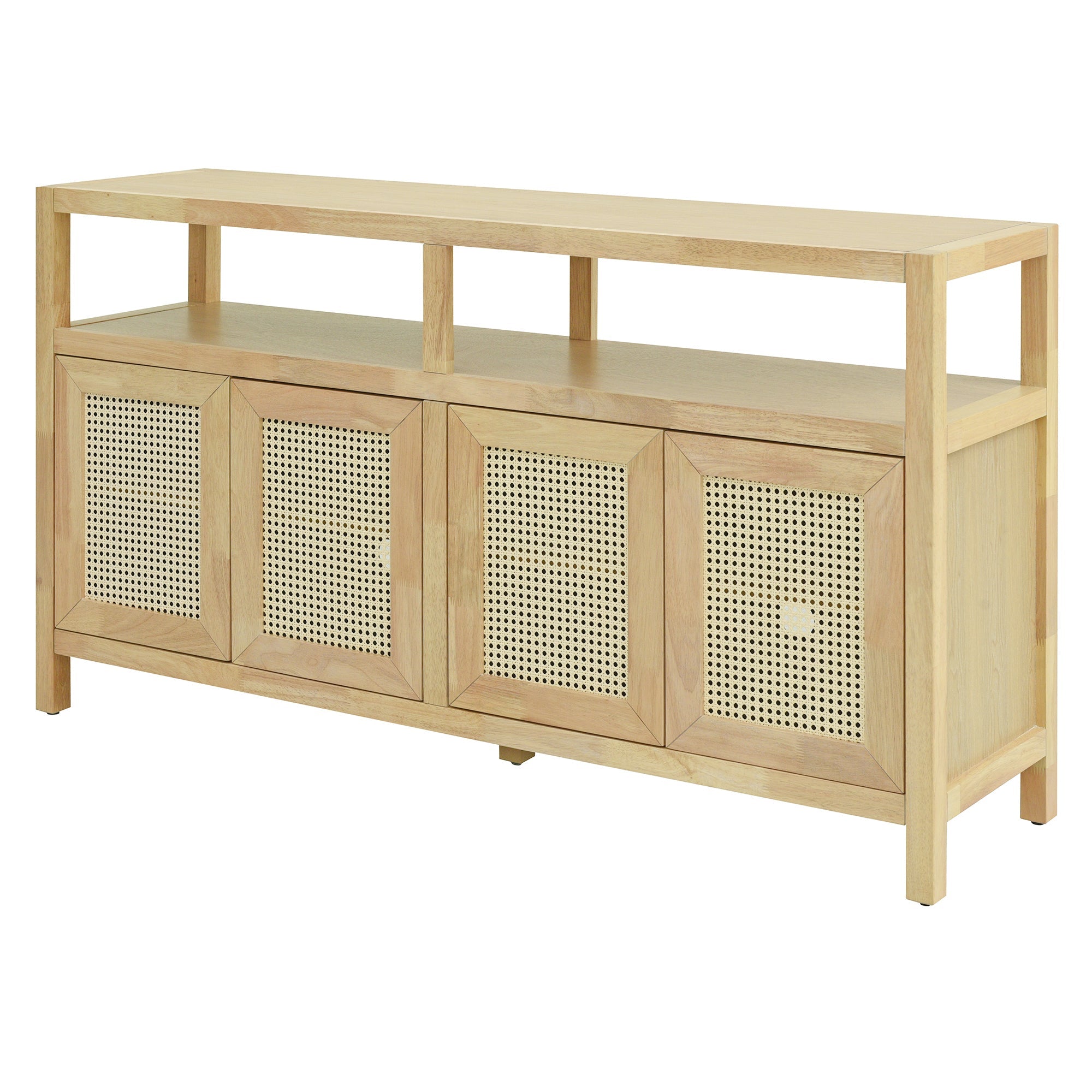 TREXM Bohemian Style Rattan Buffet Storage Cabinet with Solid Wood Frame, Sideboard with 3-position Adjustable Shelves for Living & Dining Rooms, No-Handle Push-to-Open Design (Natural)