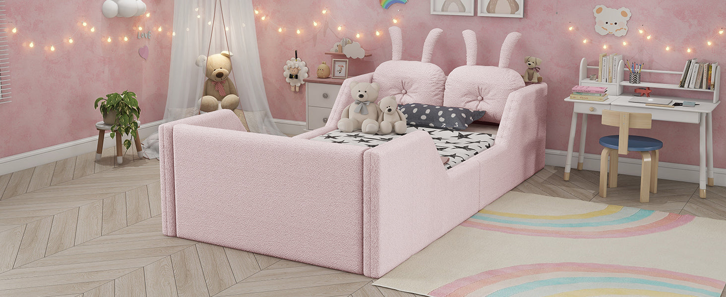 Twin Size Upholstered Platform Bed with Rabbit Cushion, Kids Floor Upholstered Bed with Removable Side Rails, Pink(Expect Arrival Date 2025/1/15)