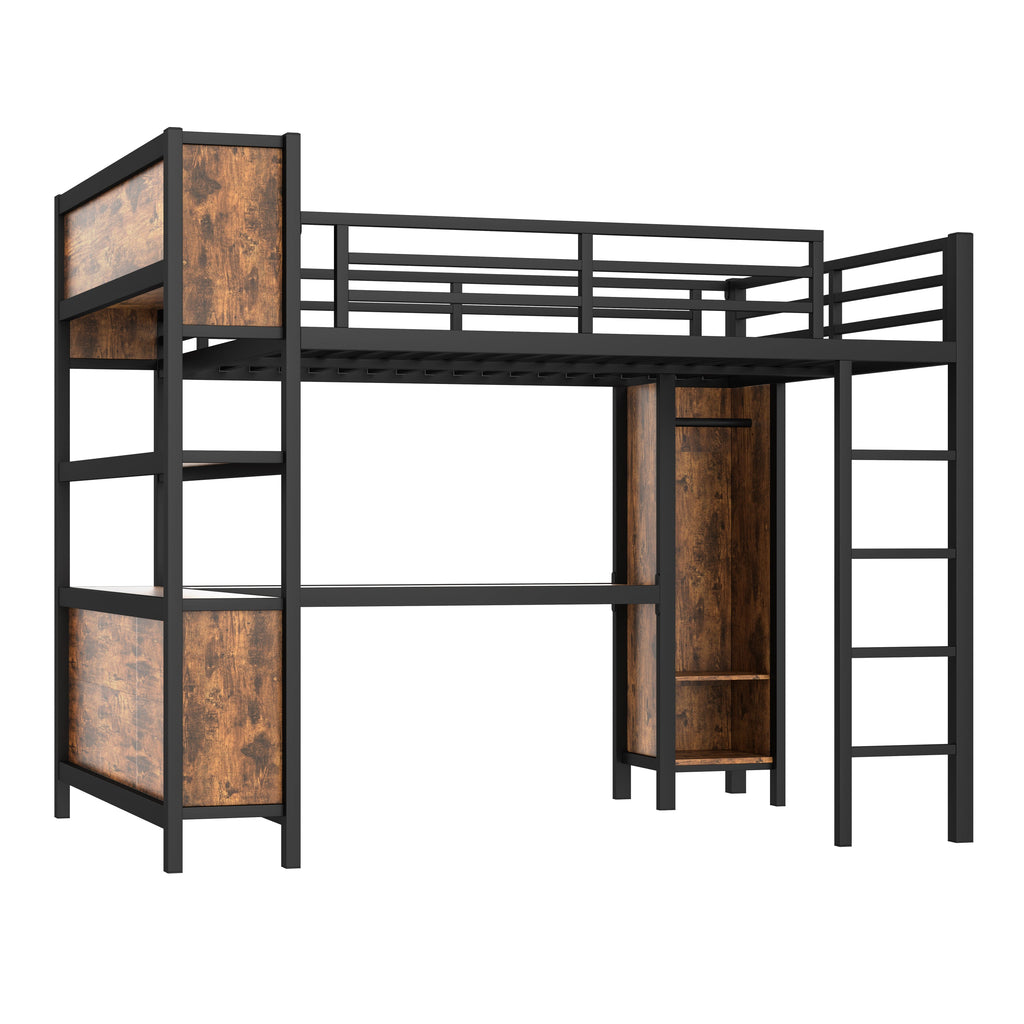 Metal Loft Bed with Wardrobe And L-shaped Desk, Queen Size Loft Bed with Storage Cubes and Shelves, Heavy Duty Loft Bed for Kids Teens Adults, Black Woodgrain
