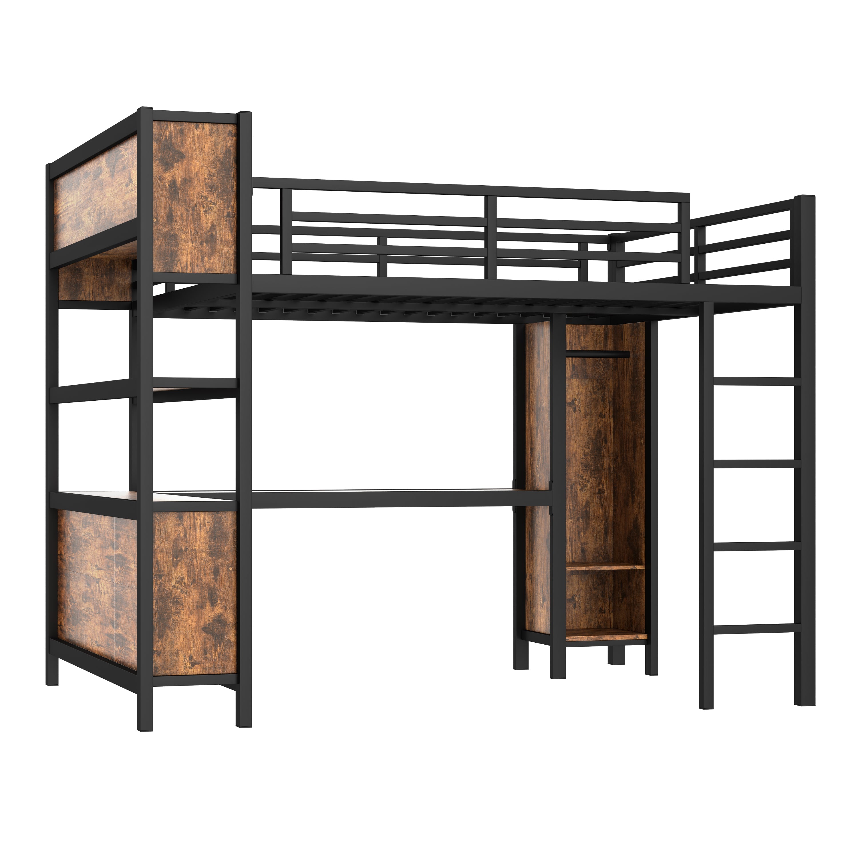 Metal Loft Bed with Wardrobe And L-shaped Desk, Queen Size Loft Bed with Storage Cubes and Shelves, Heavy Duty Loft Bed for Kids Teens Adults, Black Woodgrain