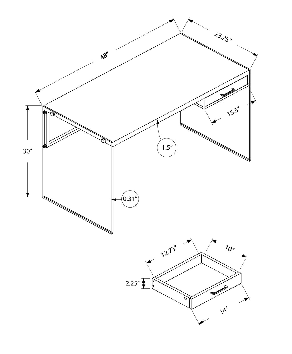 Computer Desk, Home Office, Laptop, Storage Drawers, 48'l, Work, Glossy White Laminate, Clear Tempered Glass, Contemporary, Modern