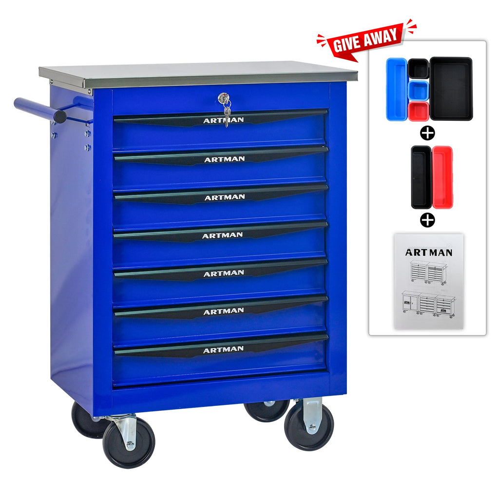 7 Drawers Multifunctional Tool Cart with Wheels,Metal Rolling Tool Cart Storage for Garage Workshop Warehouse Repair Shop--With Stainless Steel Roof- BLACK&BLUE