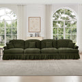 Elegant Mid Century Large 4 Seater Sofa Couch with Flared Arms and Removable Ruffles Pleats Skirts and Spindle Legs, Comfy Chenille Four-Seat Sofa for Living Room, Green