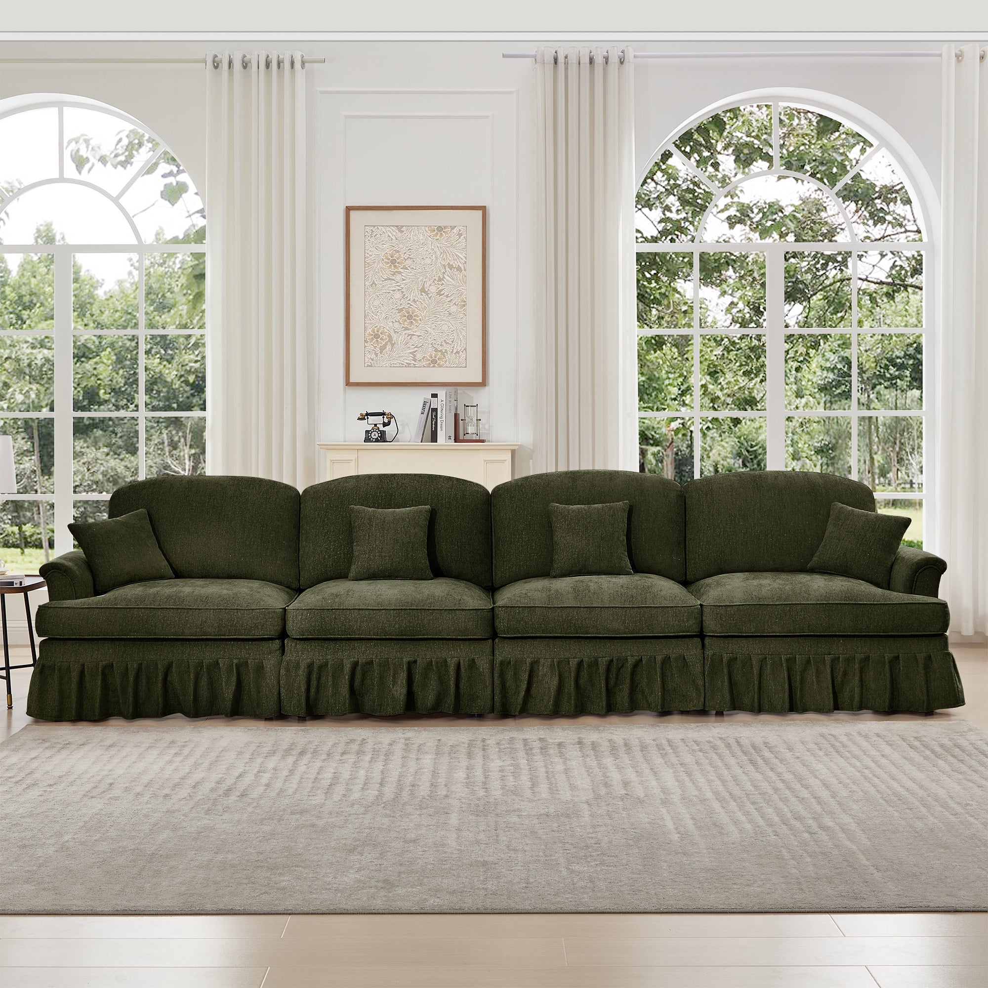 Elegant Mid Century Large 4 Seater Sofa Couch with Flared Arms and Removable Ruffles Pleats Skirts and Spindle Legs, Comfy Chenille Four-Seat Sofa for Living Room, Green